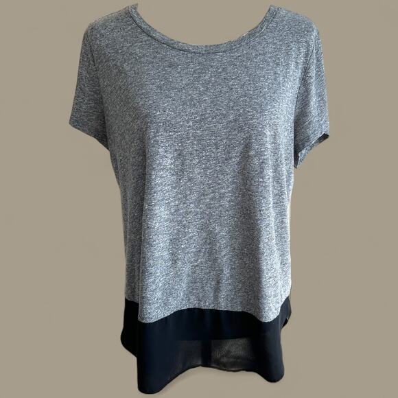 Express Gray Black Colorblock Sheer Hem Short Sleeve Top Women’s Size L - Picture 1 of 8